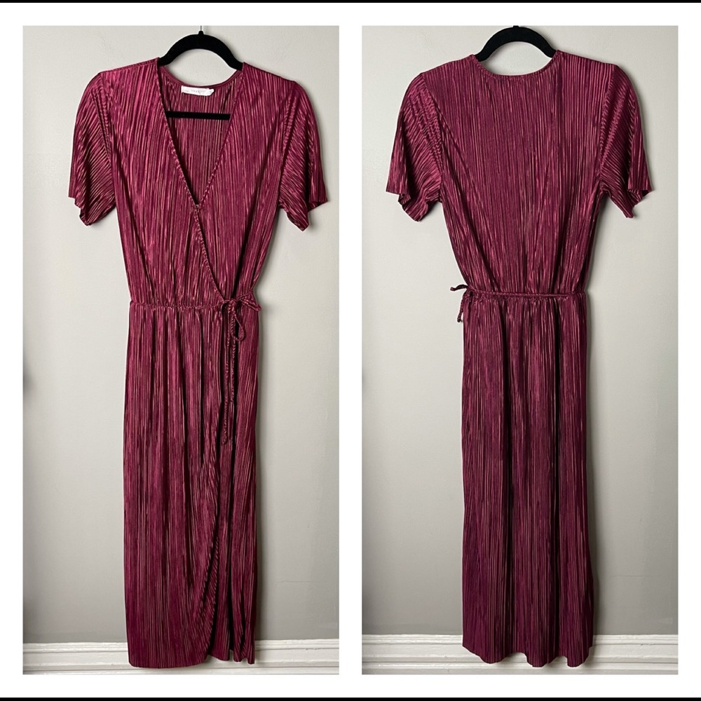 Lush Micro Pleated Satin Wrap Dress with Belt